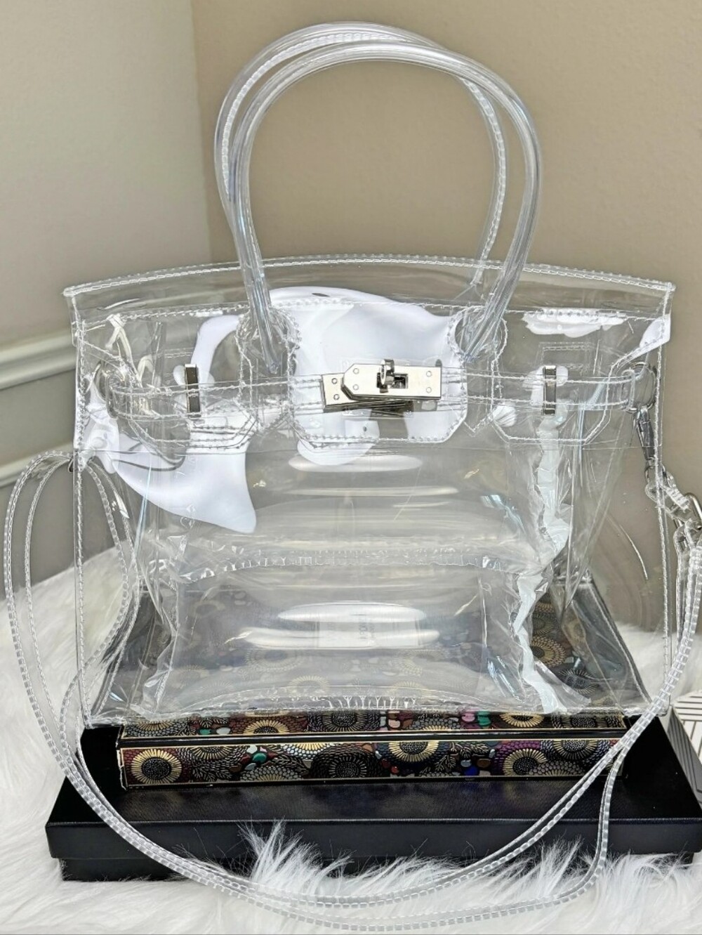 Clear PVC Tote Bag with White Trim - Transparent Women’s Carryall